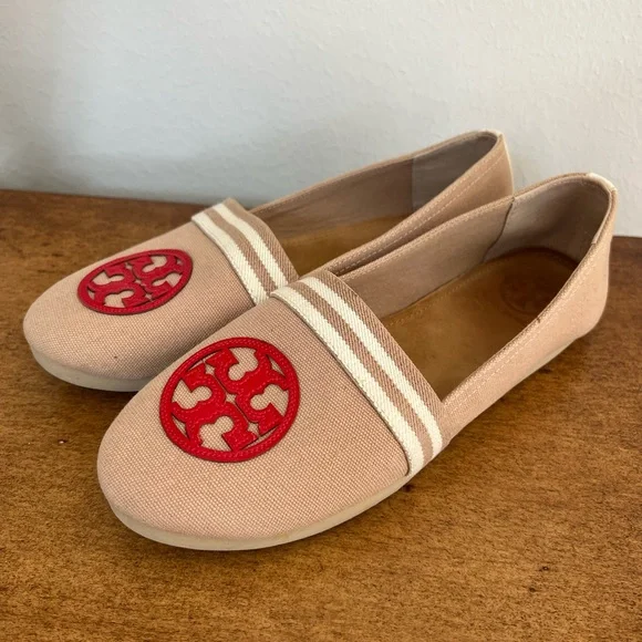 Tory Burch Canvas Beige Red Slip On Shoes 9 - Picture 1 of 8